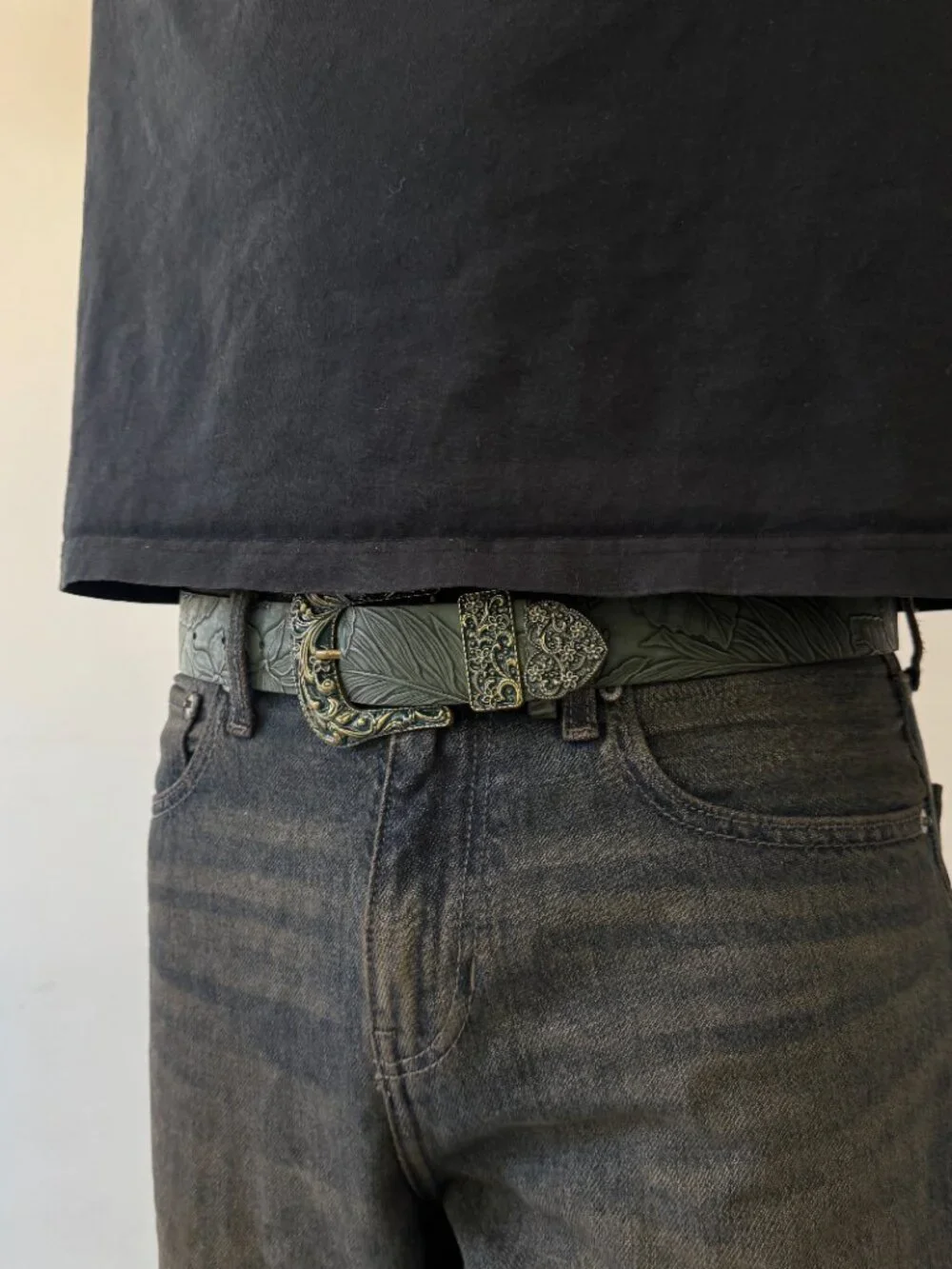 Olive Green Tooled Faux Leather Western Buckle Belt